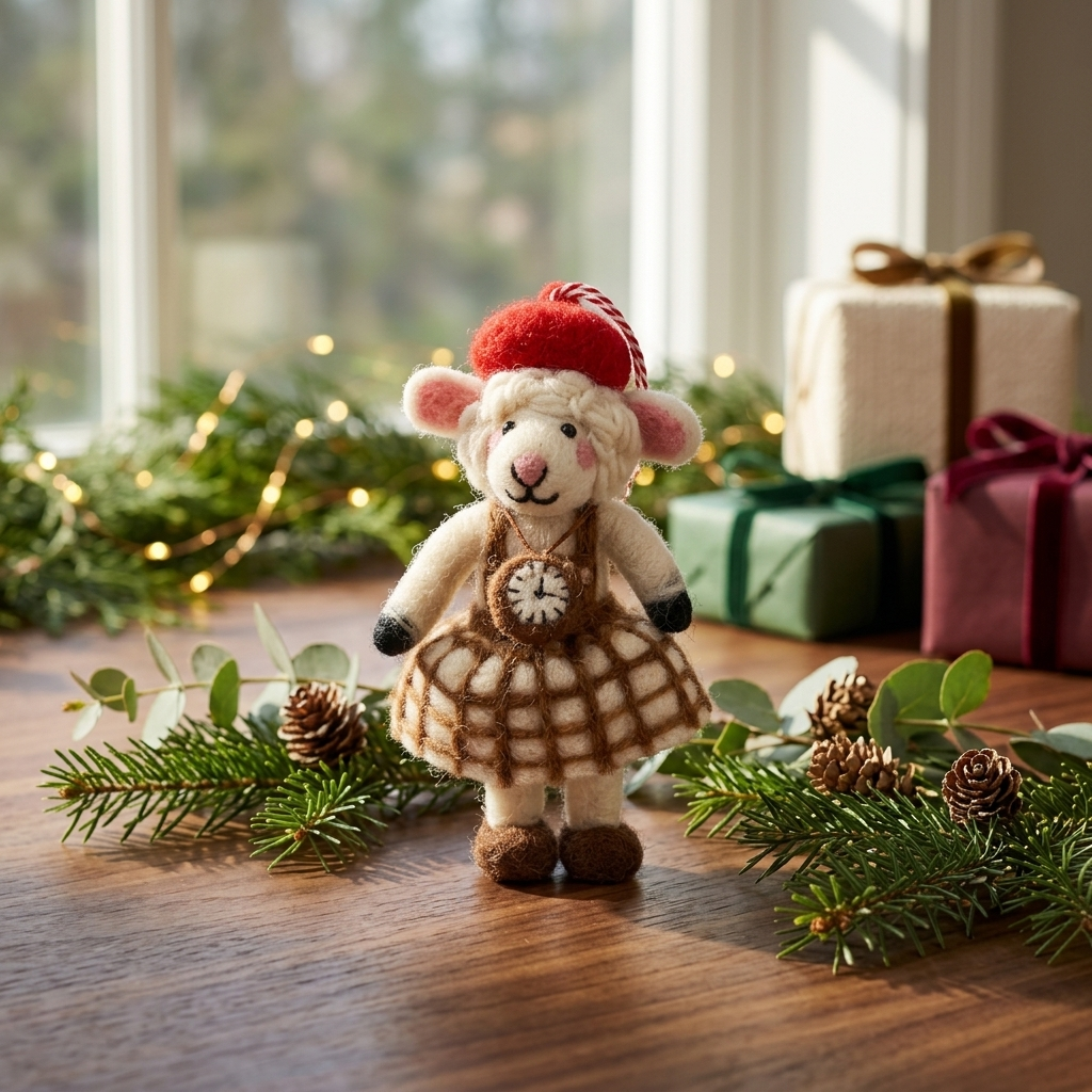 Handmade New Zealand wool sheep Christmas ornament in a red hat and brown plaid dress, displayed with pine branches, eucalyptus and wrapped gifts.