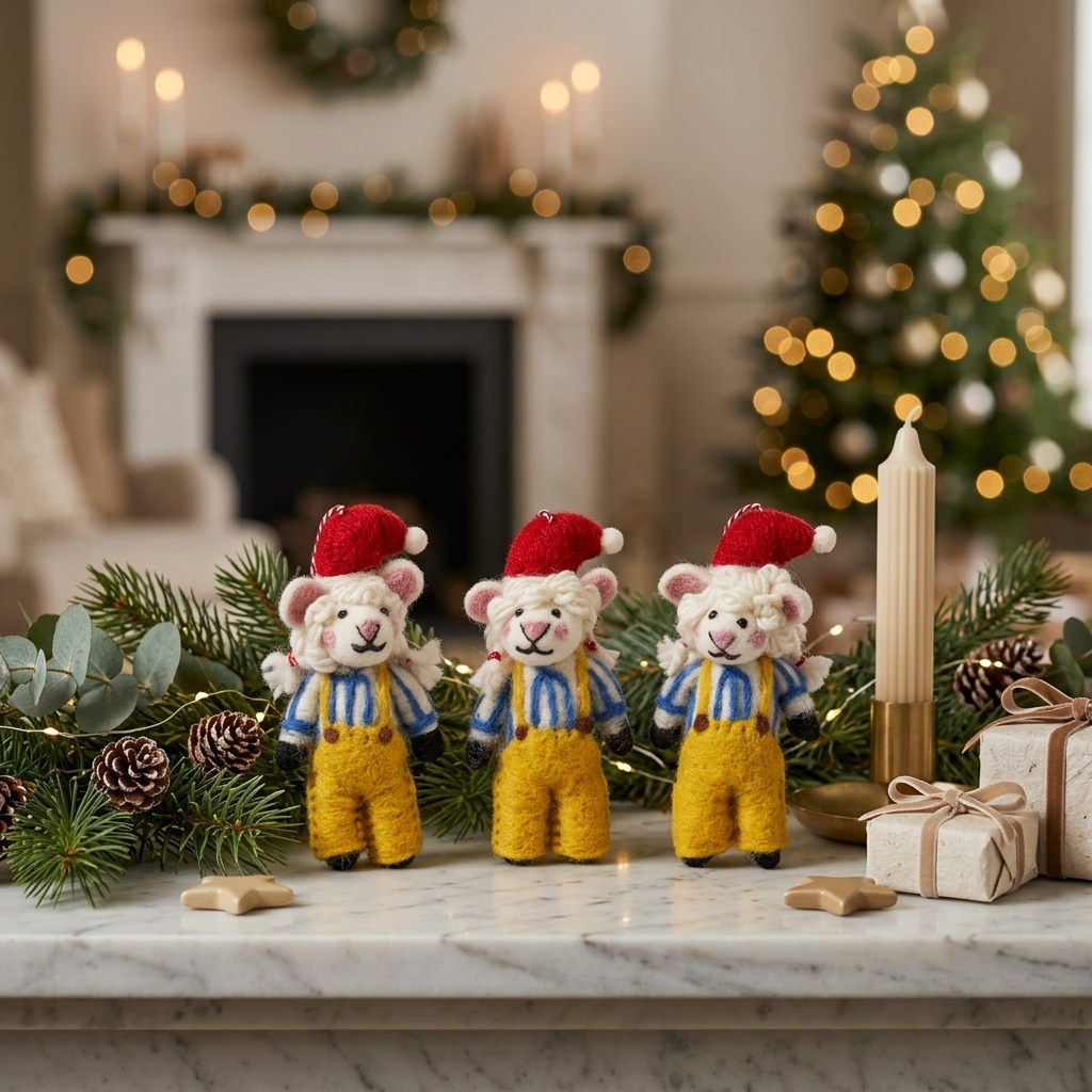 Three Festive Little Farmer Sheep Christmas ornaments, handmade from felted wool and dressed in red Santa hats, blue striped shirts and yellow overalls, displayed on a marble mantel with pine branches, candles and wrapped gifts.

