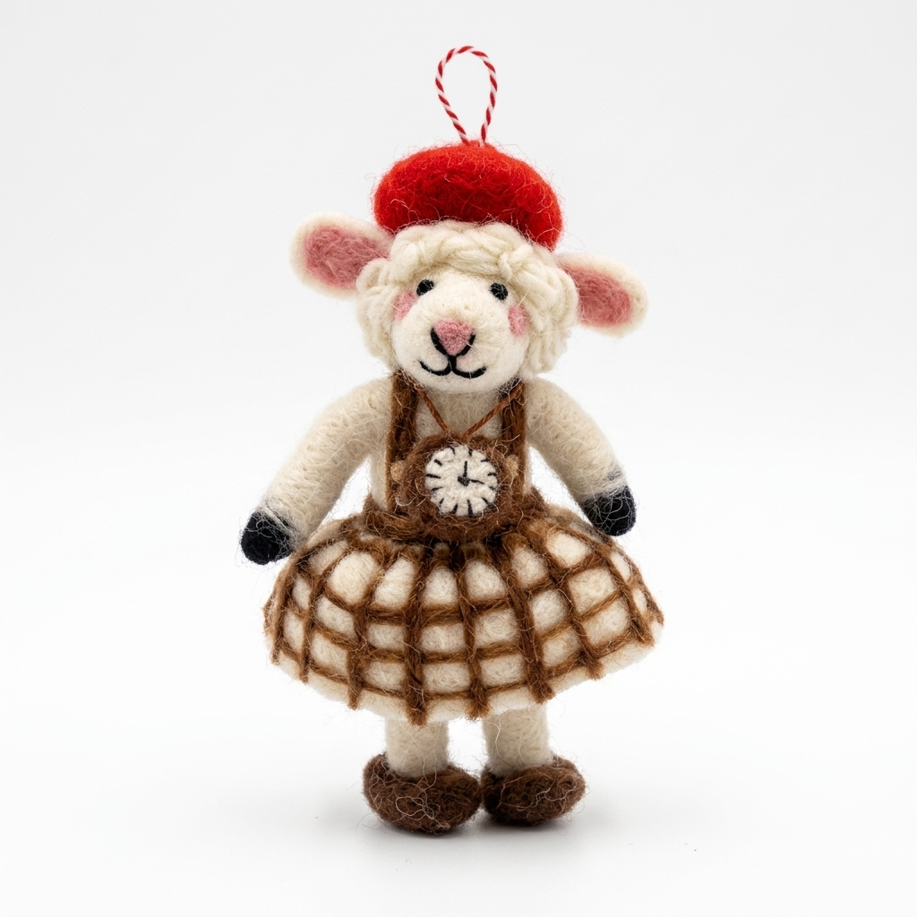 Handmade felt sheep Christmas ornament in 100% pure New Zealand wool, wearing a red beret, brown plaid dress and clock, with a red-and-white cotton hanging loop on a white background.