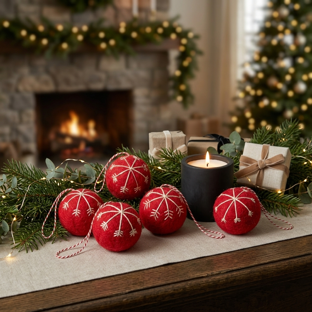 Five handmade red wool felt Christmas baubles with cream embroidered snowflakes, arranged on a table runner with wrapped gifts, green garlands and a softly blurred fireplace and tree.

