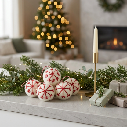 Five handmade cream-white wool felt Christmas baubles with red embroidered snowflakes, arranged on a marble mantel with pine garlands, wrapped gifts and a gold candlestick.

