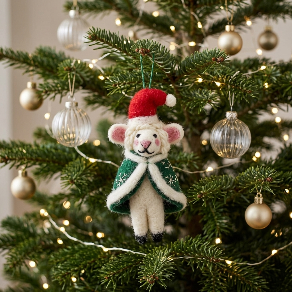 A felted wool Winter Wanderer Sheep Christmas ornament wearing a red Santa hat and embroidered green snowflake cape, hanging on a tree with warm lights and gold baubles.

