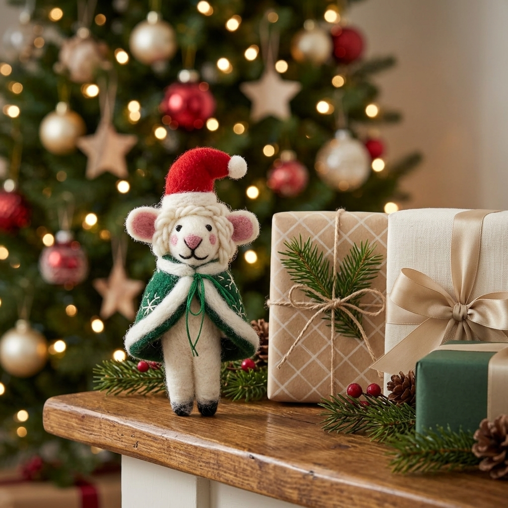 A small Winter Wanderer Sheep wool felt ornament in a red Santa hat and embroidered green snowflake cape, displayed beside wrapped gifts with a blurred Christmas tree behind it.


