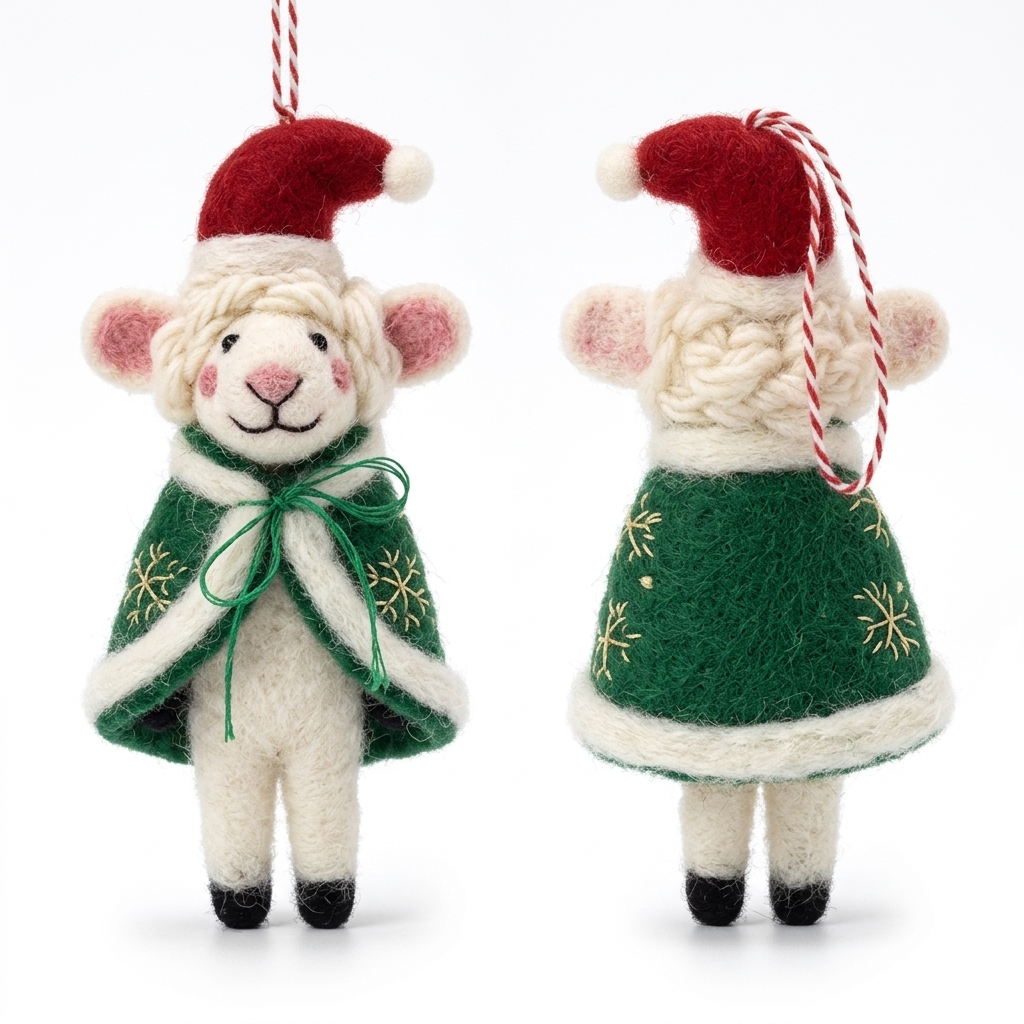 Front and back views of the Winter Wanderer Sheep handmade wool felt Christmas ornament, wearing a red Santa hat and green cape with embroidered snowflake details, on a white background.

