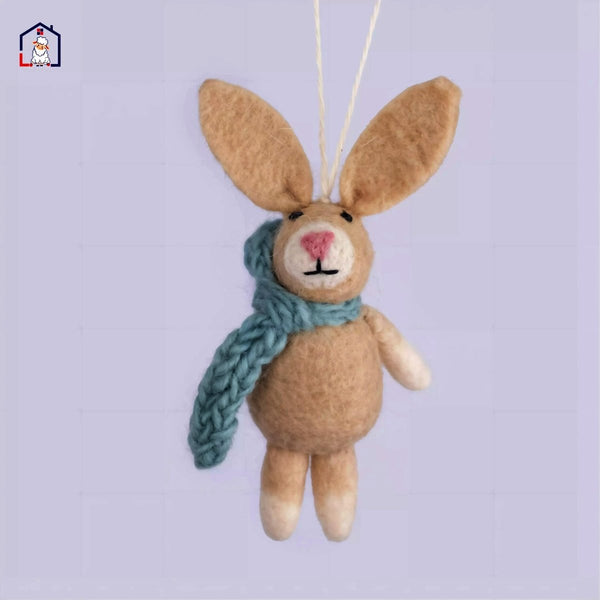 Wool Felt Bunny (Beige, blue scarf) Christmas Ornament – Handmade in Nepal (Single/Pair/Set of 5) festive_bundle