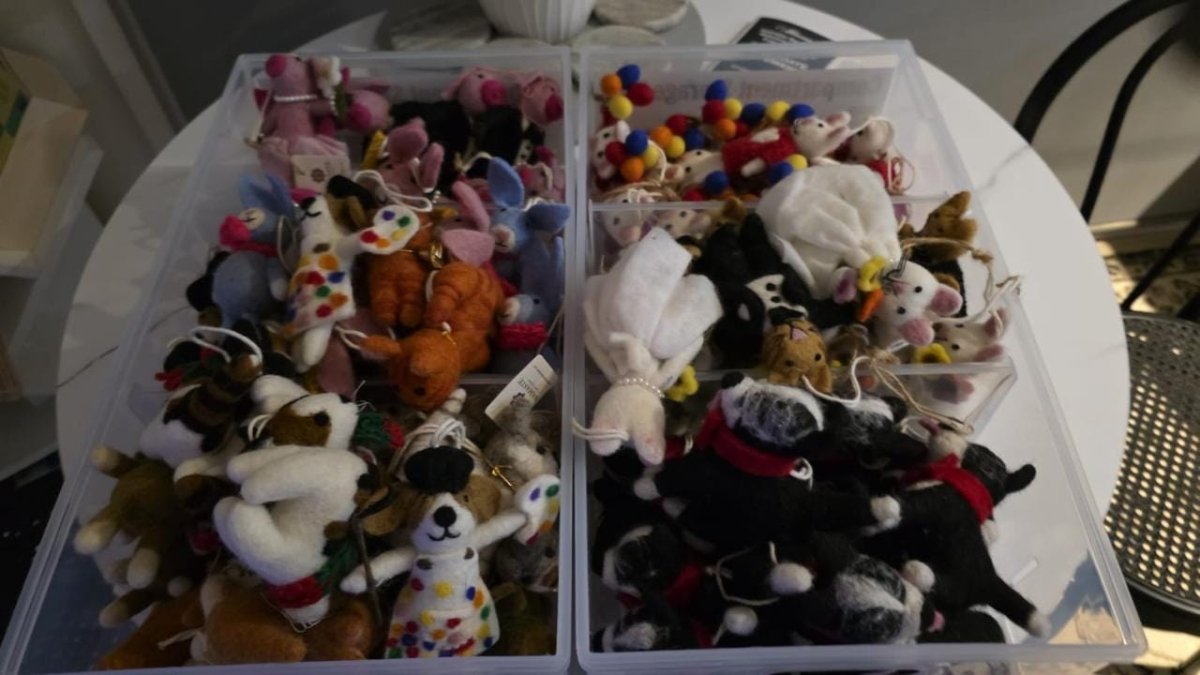 Wool Felt Bunny (Beige, blue scarf) Christmas Ornament – Handmade in Nepal (Single/Pair/Set of 5) festive_bundle