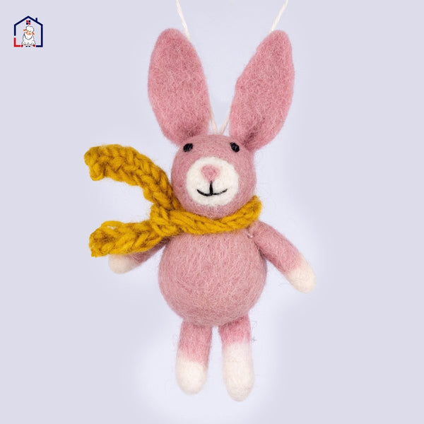 Wool Felt Bunny (Pink scarf) Christmas Ornament – Handmade in Nepal (Single/Pair/Set of 5) christmas_tree