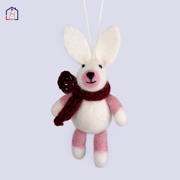 Wool Felt Bunny (White & pink) Christmas Ornament – Handmade in Nepal (Single/Pair/Set of 5) christmas_wall_decor