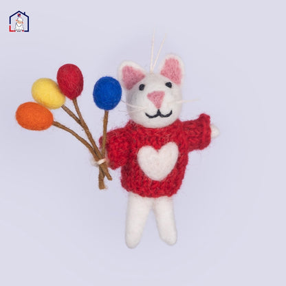 Wool Felt Bunny with Balloons Christmas Ornament – Handmade in Nepal (Single/Pair/Set of 5) christmas_party