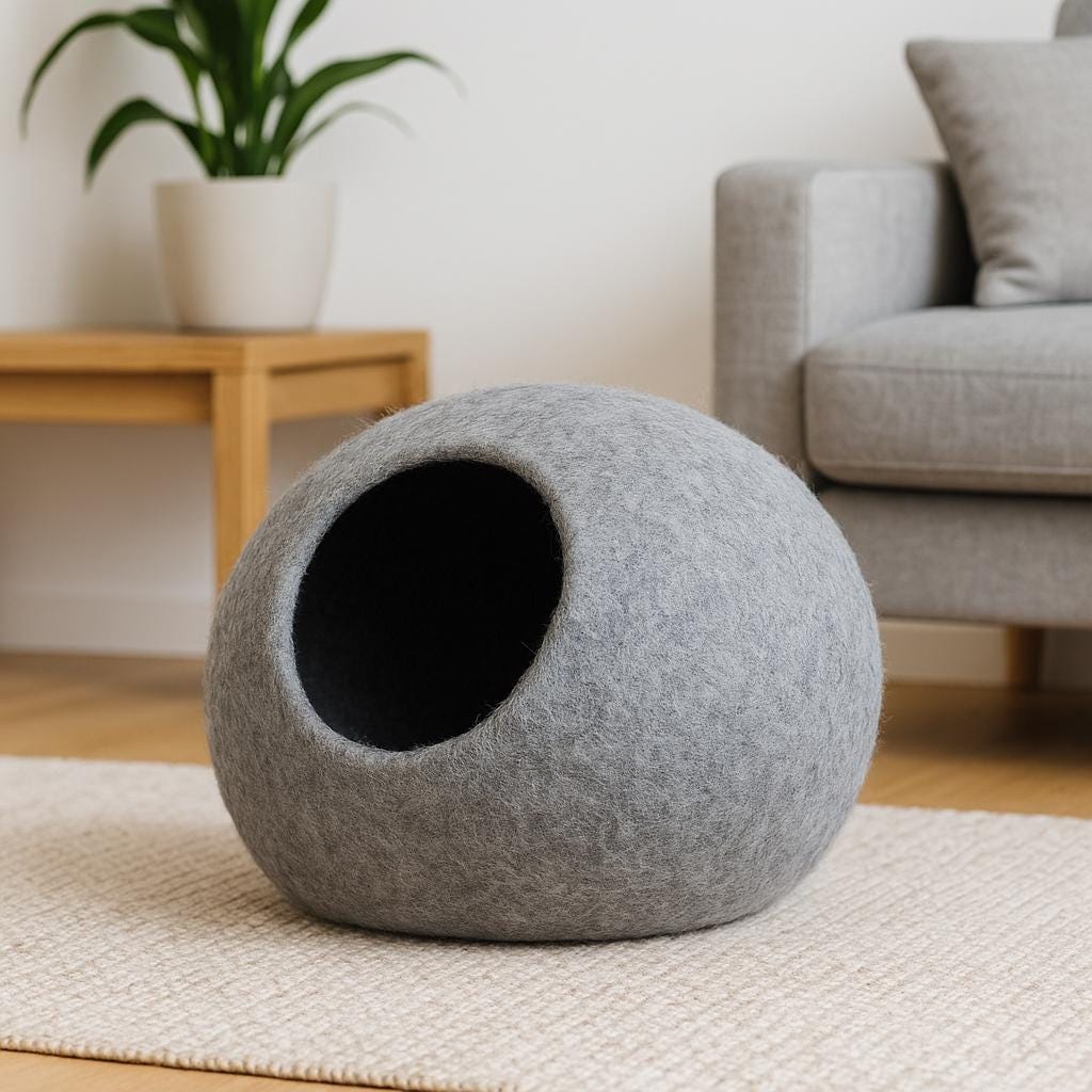 Wool Felt Cat Cave, Grey Minimalist Dome (Handmade Nepal) Cat_Dad_Present