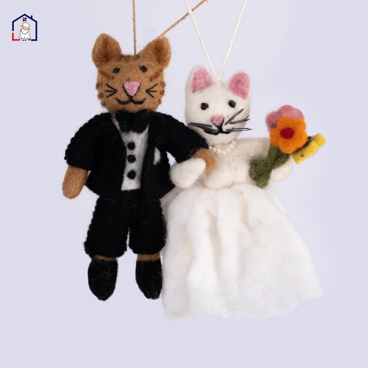 Wool Felt Cat Couple (Bride & Groom) Christmas Ornament – Handmade in Nepal (Single/Pair/Set of 5) Felt