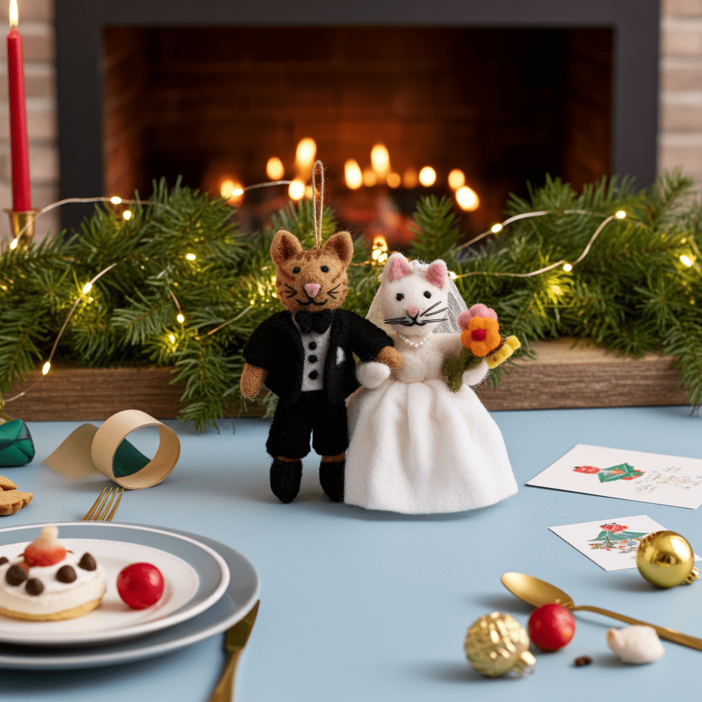 Wool Felt Cat Couple (Bride & Groom) Christmas Ornament – Handmade in Nepal (Single/Pair/Set of 5)namaste artisans