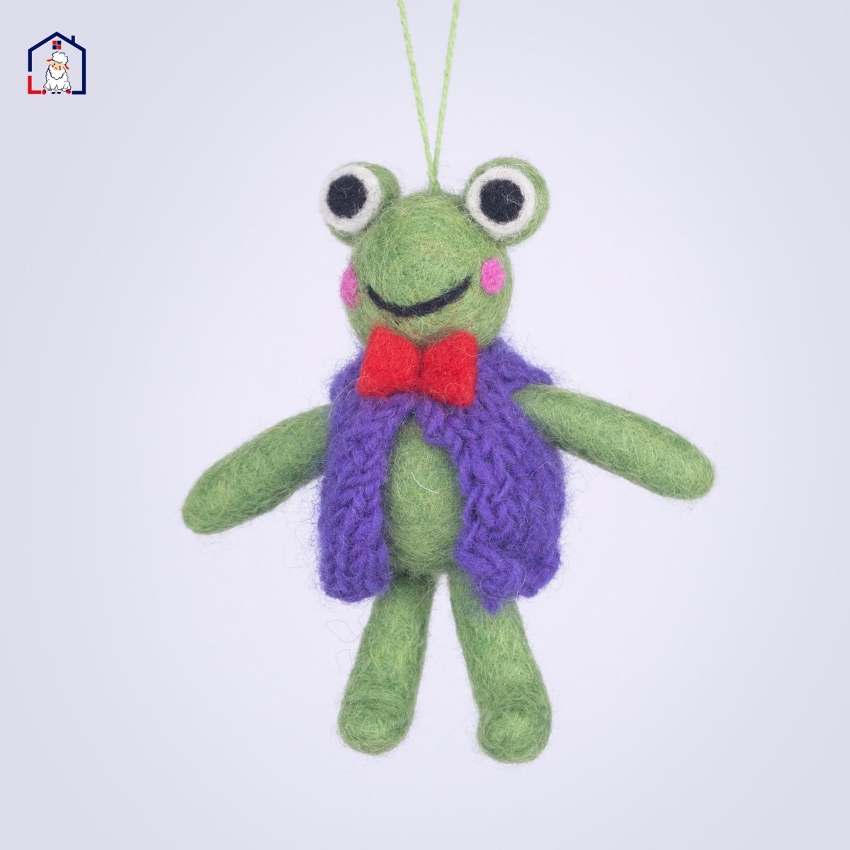 "Handmade wool felt Green Frog Christmas ornament."