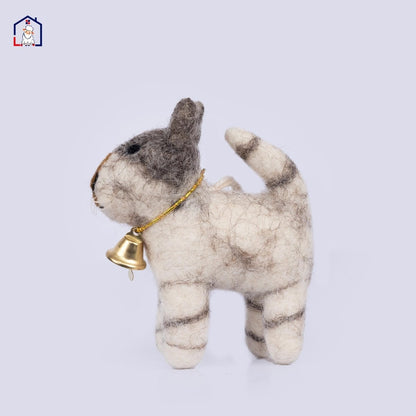 Handmade wool felt Orange Tabby Cat Christmas ornament with red scarf.