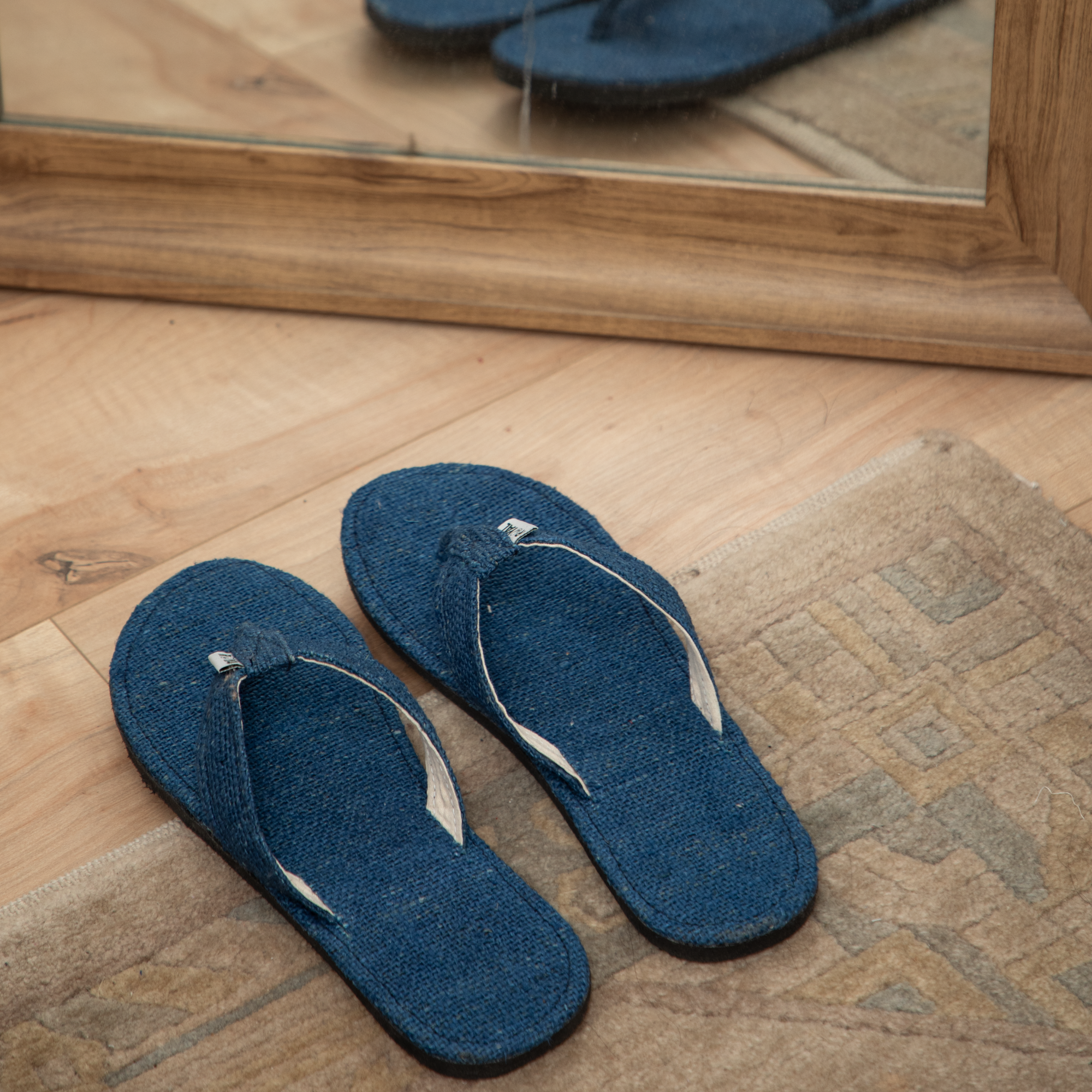 Hemp Flip‑Flops — Blue | Namaste Artisans Hemp Flip-Flops — Blue, handmade in Nepal with breathable hemp upper, soft cotton lining, and natural rubber sole for everyday grip