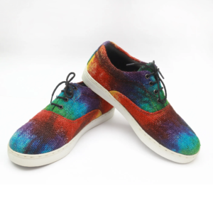 Colorful Rasta Hemp Sneakers — Lace-Up, handmade in Nepal with breathable hemp upper, soft cotton lining, comfortable insole, and natural rubber sole