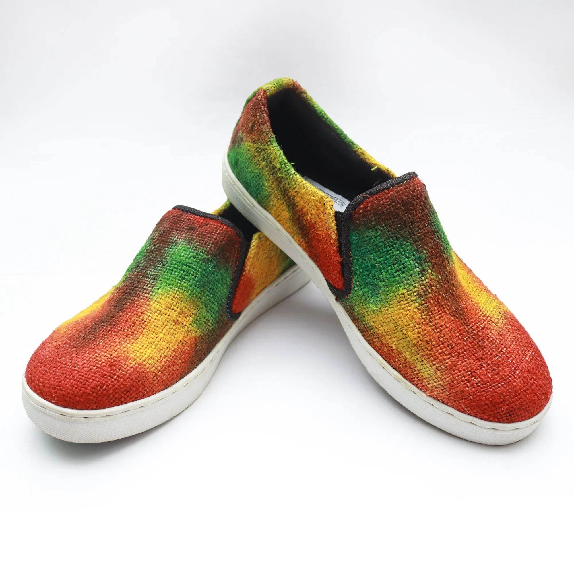 Eco‑Friendly Tie‑Dye Hemp Slip‑Ons | Namaste Artisans Eco-Friendly Tie-Dye Hemp Slip-Ons, handmade in Nepal with breathable hemp upper, soft cotton lining, comfortable insole, and natural rubber sole