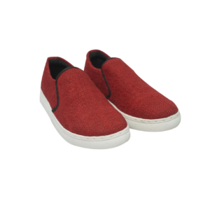 Hemp Slip-On Sneakers — Red, handmade in Nepal with breathable hemp upper, soft cotton lining, comfortable insole, and natural rubber sole